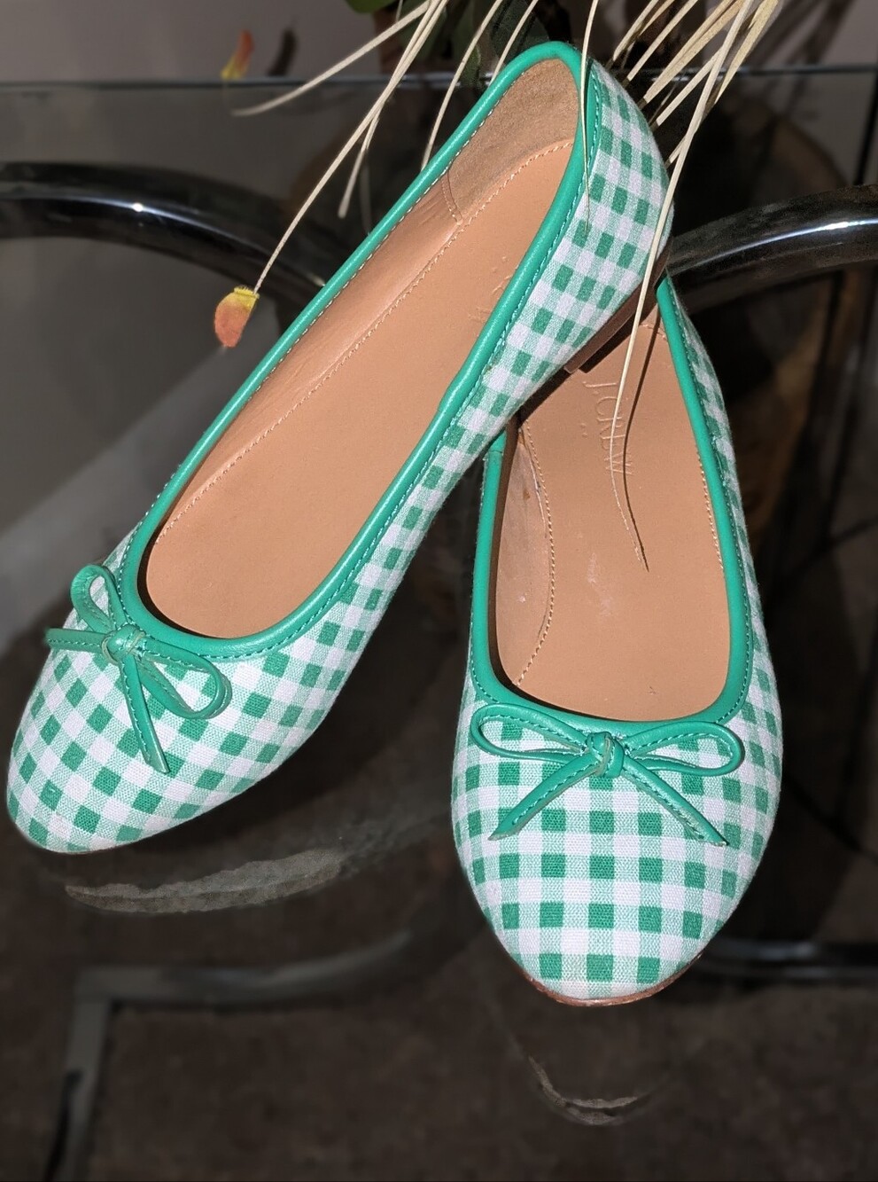 🔥FINAL🔥J. Crew Green Gingham Ballet Flats - Picture 1 of 6
